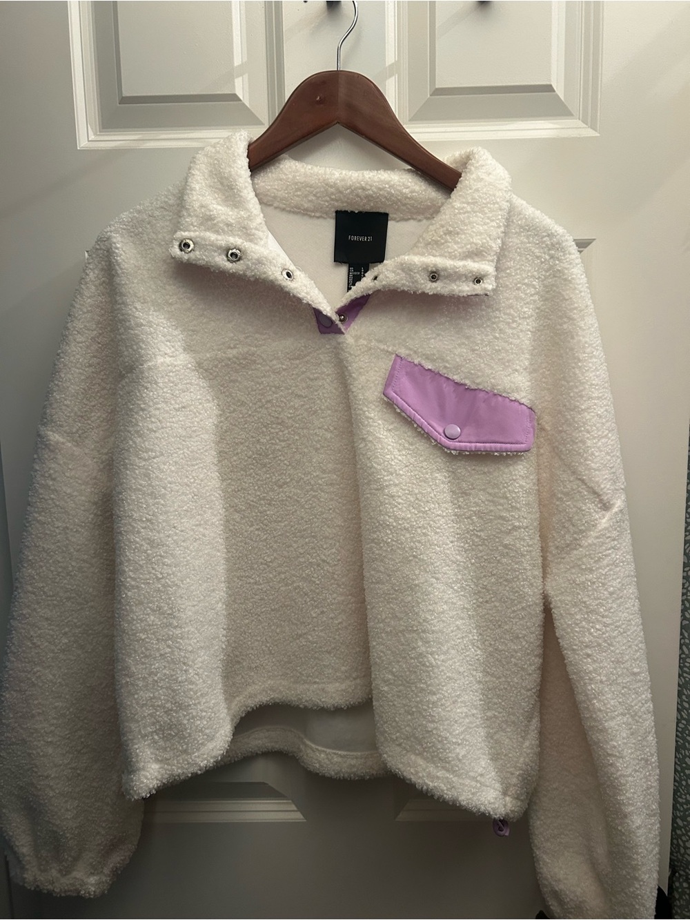 Forever 21 Cream Sherpa Jacket with Lavender Pocket Accent